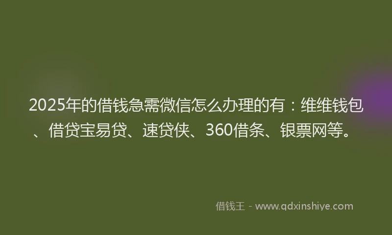 2025年的借钱急需微信怎么办理的有：维维钱包、借贷宝易贷、速贷侠、360借条、银票网等。