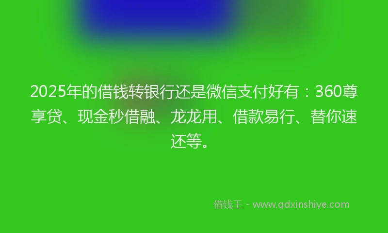 2025年的借钱转银行还是微信支付好有：360尊享贷、现金秒借融、龙龙用、借款易行、替你速还等。