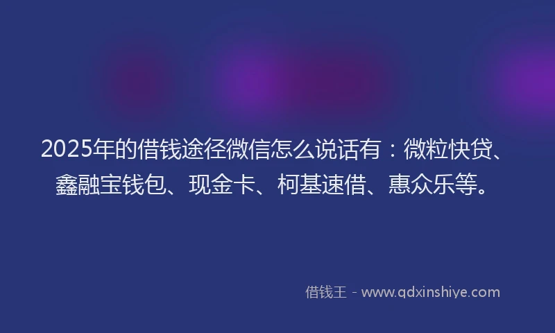 2025年的借钱途径微信怎么说话有：微粒快贷、鑫融宝钱包、现金卡、柯基速借、惠众乐等。