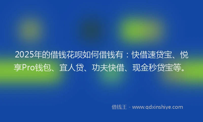 2025年的借钱花呗如何借钱有：快借速贷宝、悦享Pro钱包、宜人贷、功夫快借、现金秒贷宝等。