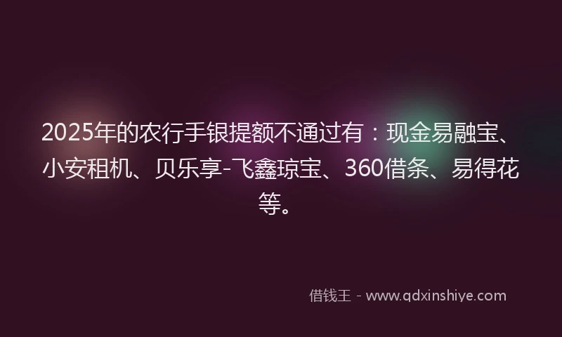 2025年的农行手银提额不通过有：现金易融宝、小安租机、贝乐享-飞鑫琼宝、360借条、易得花等。