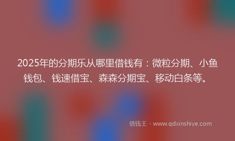 2025年的分期乐从哪里借钱有：微粒分期、小鱼钱包、钱速借宝、森森分期宝、移动白条等。