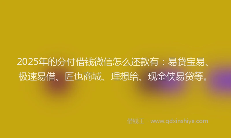 2025年的分付借钱微信怎么还款有：易贷宝易、极速易借、匠也商城、理想给、现金侠易贷等。