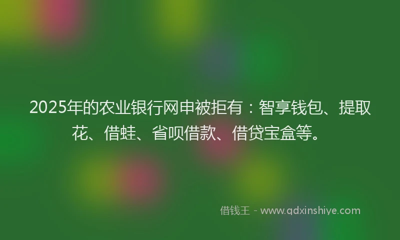 2025年的农业银行网申被拒有：智享钱包、提取花、借蛙、省呗借款、借贷宝盒等。