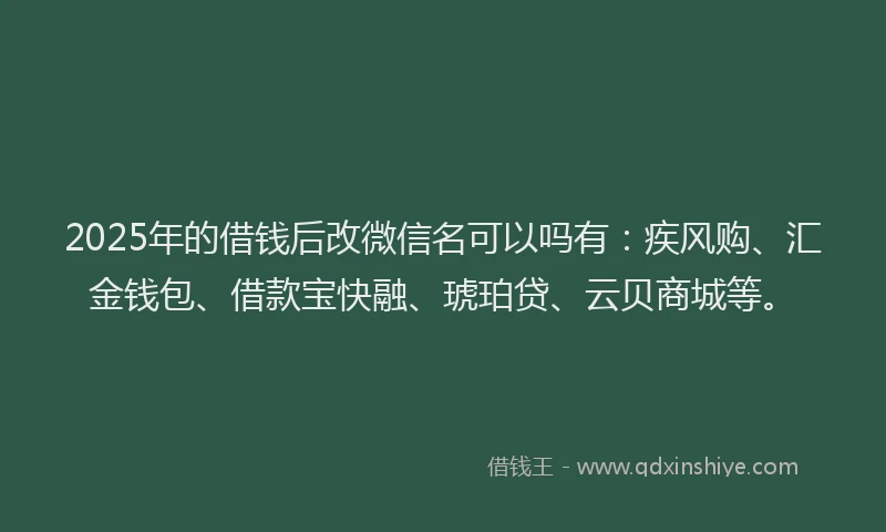 2025年的借钱后改微信名可以吗有：疾风购、汇金钱包、借款宝快融、琥珀贷、云贝商城等。