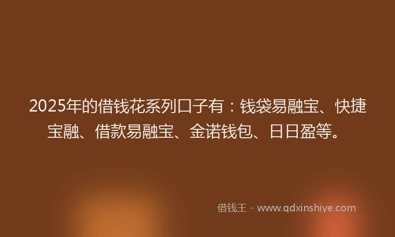 2025年的借钱花系列口子有：钱袋易融宝、快捷宝融、借款易融宝、金诺钱包、日日盈等。