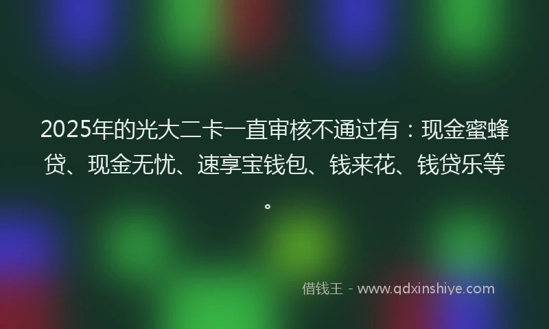 2025年的光大二卡一直审核不通过有：现金蜜蜂贷、现金无忧、速享宝钱包、钱来花、钱贷乐等。