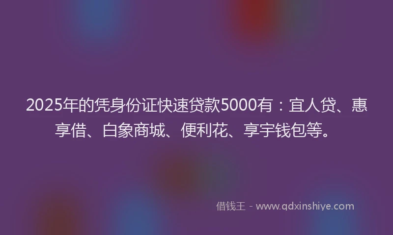 2025年的凭身份证快速贷款5000有：宜人贷、惠享借、白象商城、便利花、享宇钱包等。