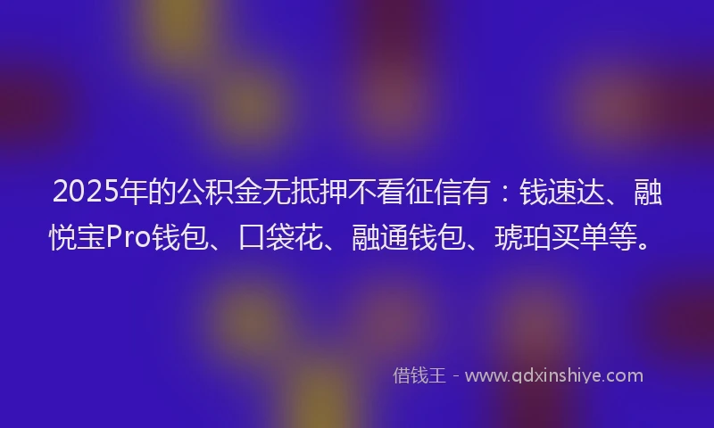 2025年的公积金无抵押不看征信有：钱速达、融悦宝Pro钱包、口袋花、融通钱包、琥珀买单等。