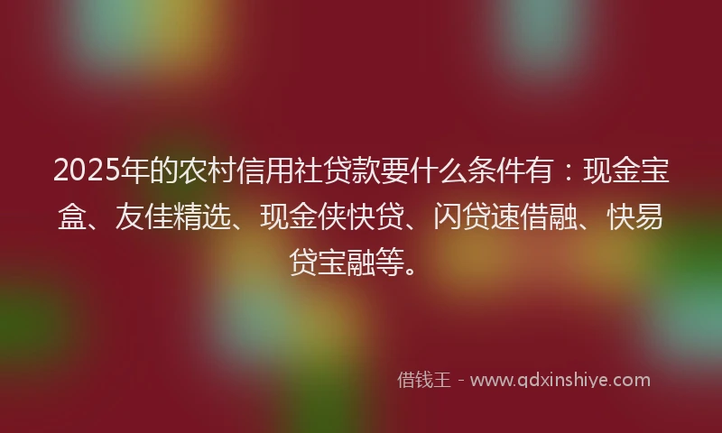 2025年的农村信用社贷款要什么条件有：现金宝盒、友佳精选、现金侠快贷、闪贷速借融、快易贷宝融等。