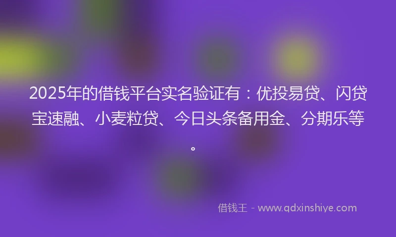 2025年的借钱平台实名验证有：优投易贷、闪贷宝速融、小麦粒贷、今日头条备用金、分期乐等。