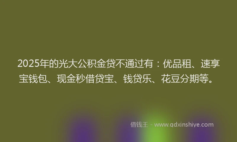 2025年的光大公积金贷不通过有：优品租、速享宝钱包、现金秒借贷宝、钱贷乐、花豆分期等。