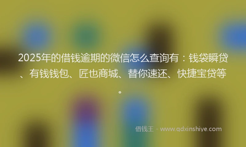 2025年的借钱逾期的微信怎么查询有：钱袋瞬贷、有钱钱包、匠也商城、替你速还、快捷宝贷等。