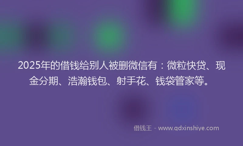 2025年的借钱给别人被删微信有：微粒快贷、现金分期、浩瀚钱包、射手花、钱袋管家等。