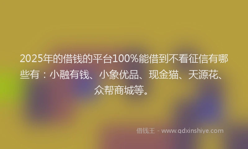 2025年的借钱的平台100%能借到不看征信有哪些有：小融有钱、小象优品、现金猫、天源花、众帮商城等。