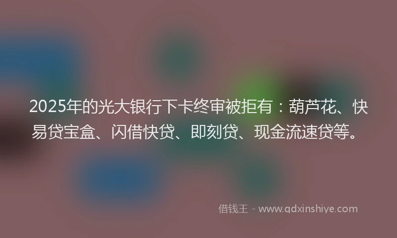 2025年的光大银行下卡终审被拒有：葫芦花、快易贷宝盒、闪借快贷、即刻贷、现金流速贷等。