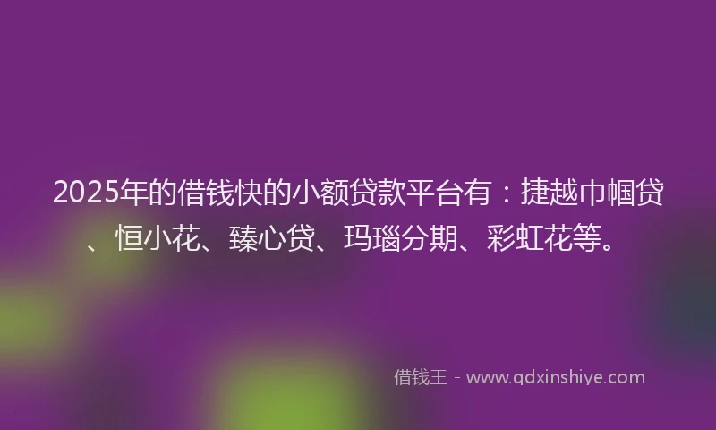 2025年的借钱快的小额贷款平台有：捷越巾帼贷、恒小花、臻心贷、玛瑙分期、彩虹花等。