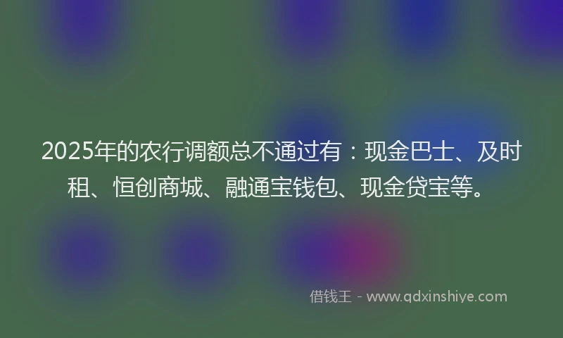 2025年的农行调额总不通过有：现金巴士、及时租、恒创商城、融通宝钱包、现金贷宝等。