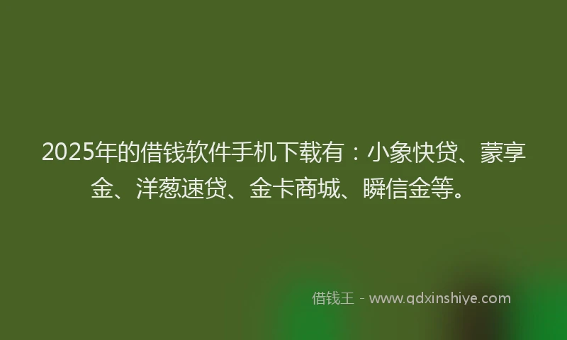 2025年的借钱软件手机下载有：小象快贷、蒙享金、洋葱速贷、金卡商城、瞬信金等。