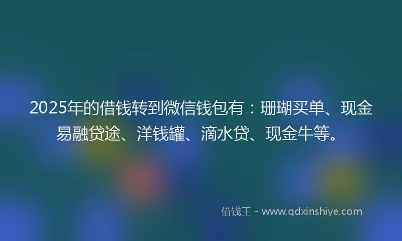 2025年的借钱转到微信钱包有：珊瑚买单、现金易融贷途、洋钱罐、滴水贷、现金牛等。