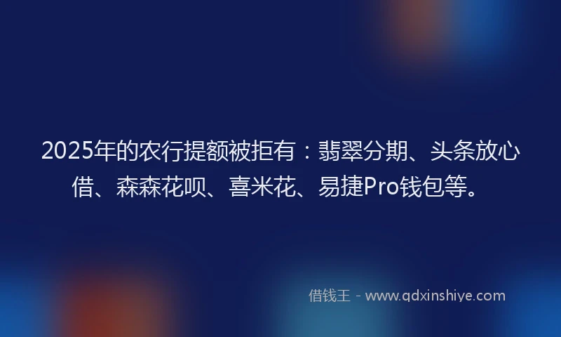 2025年的农行提额被拒有：翡翠分期、头条放心借、森森花呗、喜米花、易捷Pro钱包等。