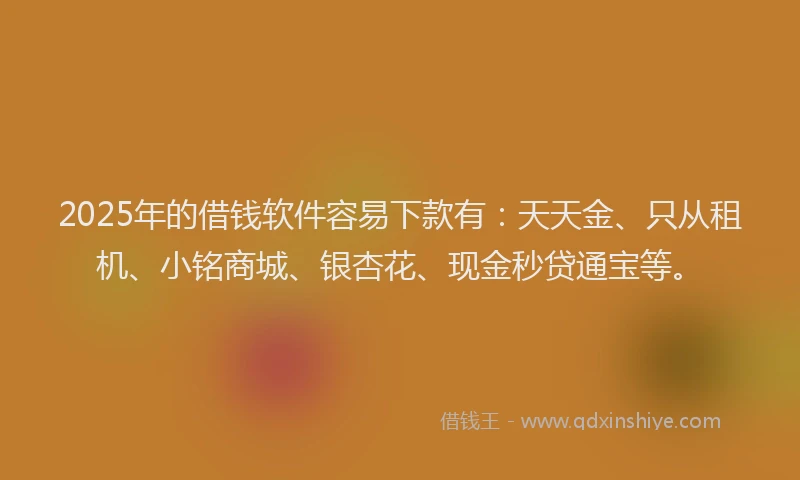 2025年的借钱软件容易下款有：天天金、只从租机、小铭商城、银杏花、现金秒贷通宝等。
