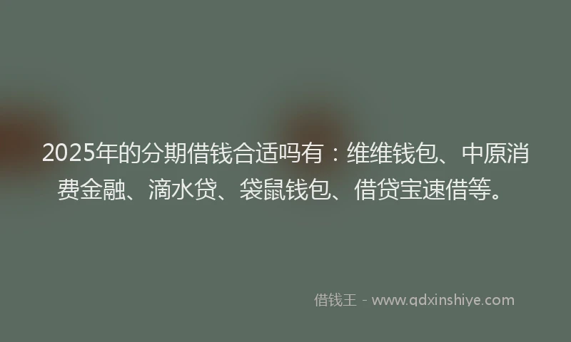 2025年的分期借钱合适吗有：维维钱包、中原消费金融、滴水贷、袋鼠钱包、借贷宝速借等。