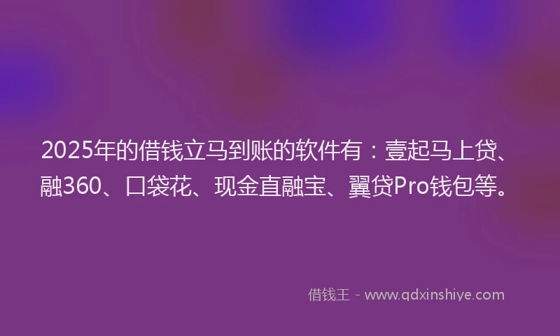 2025年的借钱立马到账的软件有：壹起马上贷、融360、口袋花、现金直融宝、翼贷Pro钱包等。