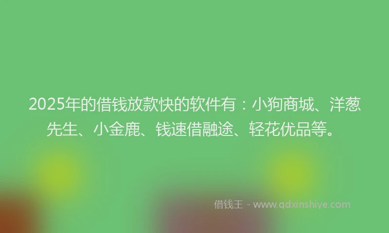 2025年的借钱放款快的软件有：小狗商城、洋葱先生、小金鹿、钱速借融途、轻花优品等。