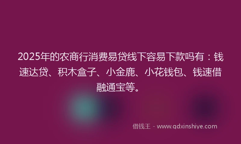 2025年的农商行消费易贷线下容易下款吗有：钱速达贷、积木盒子、小金鹿、小花钱包、钱速借融通宝等。