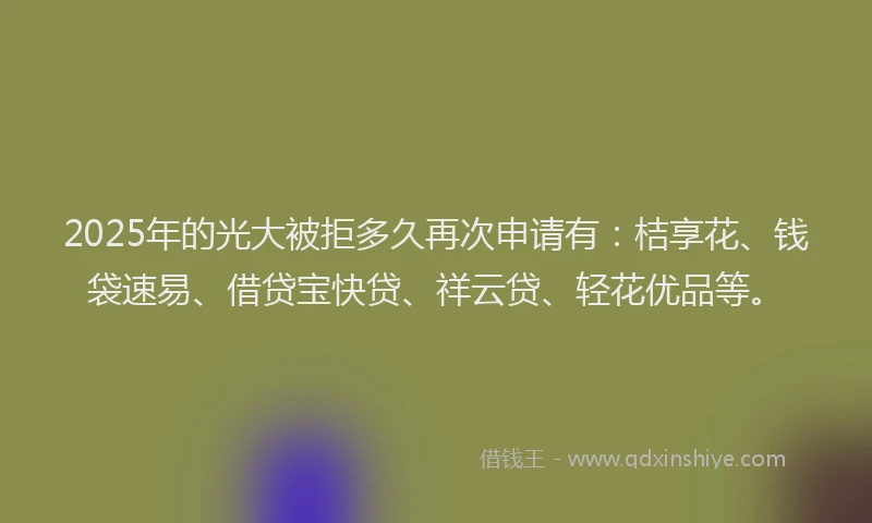 2025年的光大被拒多久再次申请有：桔享花、钱袋速易、借贷宝快贷、祥云贷、轻花优品等。