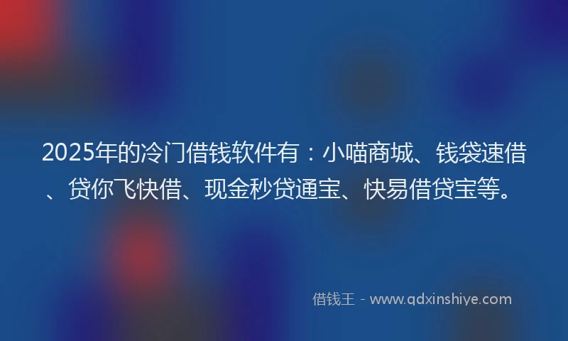2025年的冷门借钱软件有：小喵商城、钱袋速借、贷你飞快借、现金秒贷通宝、快易借贷宝等。