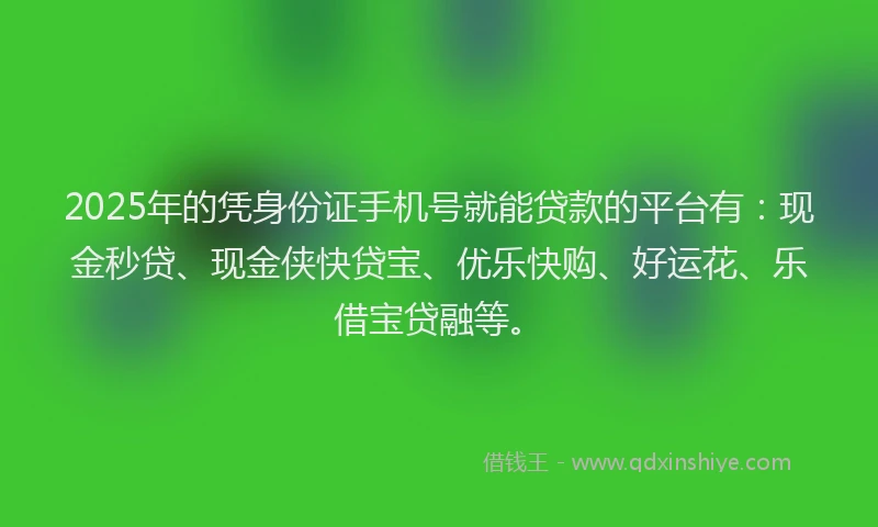 2025年的凭身份证手机号就能贷款的平台有：现金秒贷、现金侠快贷宝、优乐快购、好运花、乐借宝贷融等。