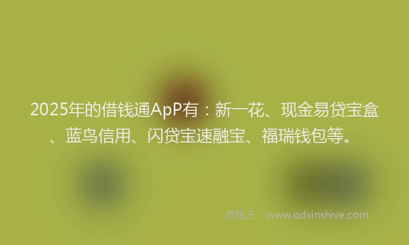 2025年的借钱通ApP有：新一花、现金易贷宝盒、蓝鸟信用、闪贷宝速融宝、福瑞钱包等。