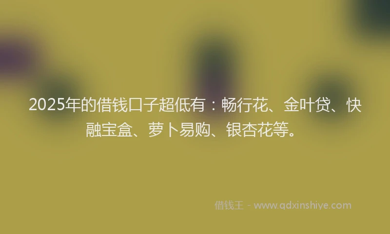 2025年的借钱口子超低有：畅行花、金叶贷、快融宝盒、萝卜易购、银杏花等。
