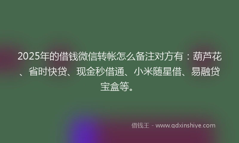 2025年的借钱微信转帐怎么备注对方有：葫芦花、省时快贷、现金秒借通、小米随星借、易融贷宝盒等。