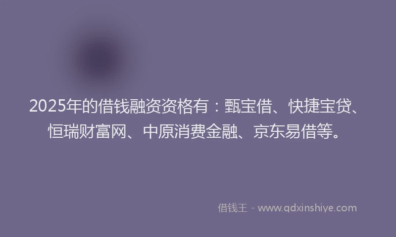 2025年的借钱融资资格有：甄宝借、快捷宝贷、恒瑞财富网、中原消费金融、京东易借等。