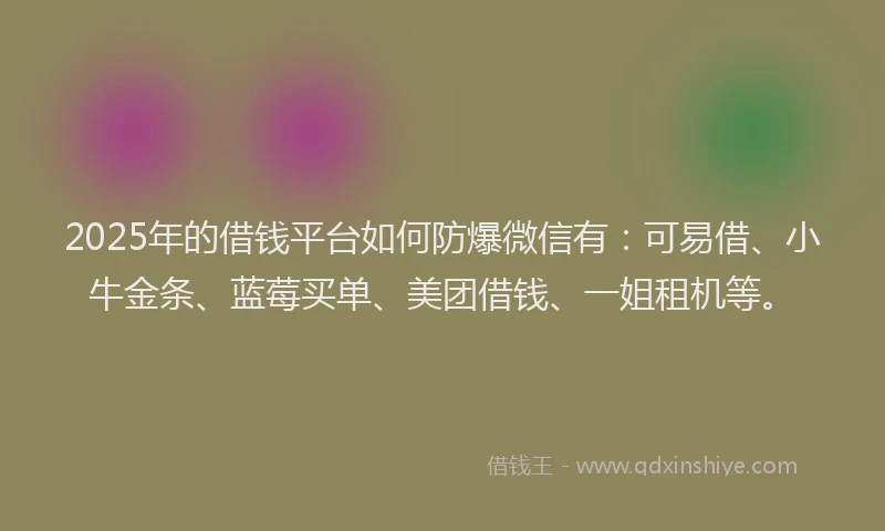 2025年的借钱平台如何防爆微信有：可易借、小牛金条、蓝莓买单、美团借钱、一姐租机等。