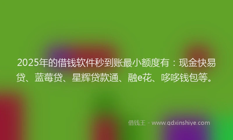2025年的借钱软件秒到账最小额度有：现金快易贷、蓝莓贷、星辉贷款通、融e花、哆哆钱包等。