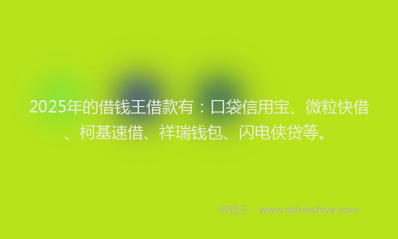 2025年的借钱王借款有：口袋信用宝、微粒快借、柯基速借、祥瑞钱包、闪电侠贷等。