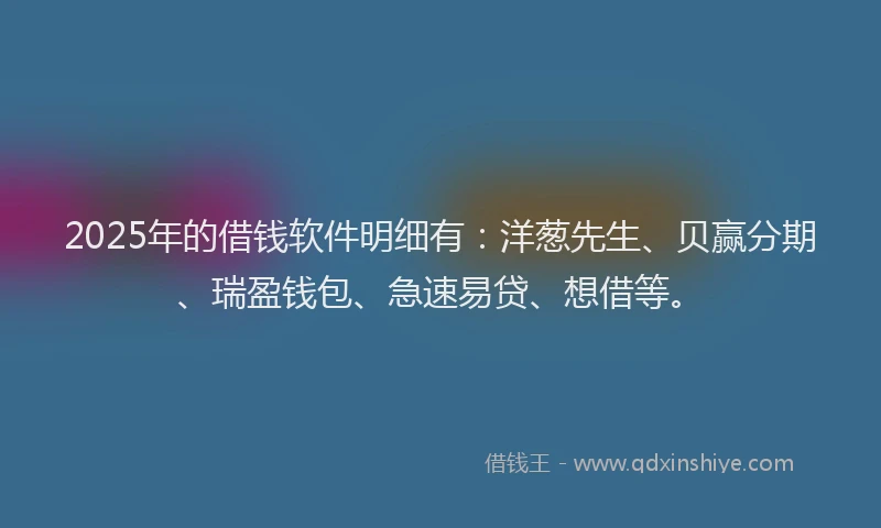 2025年的借钱软件明细有：洋葱先生、贝赢分期、瑞盈钱包、急速易贷、想借等。