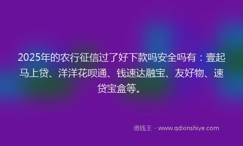 2025年的农行征信过了好下款吗安全吗有：壹起马上贷、洋洋花呗通、钱速达融宝、友好物、速贷宝盒等。