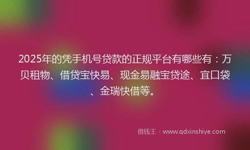 2025年的凭手机号贷款的正规平台有哪些有：万贝租物、借贷宝快易、现金易融宝贷途、宜口袋、金瑞快借等。