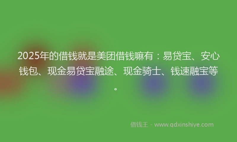 2025年的借钱就是美团借钱嘛有：易贷宝、安心钱包、现金易贷宝融途、现金骑士、钱速融宝等。