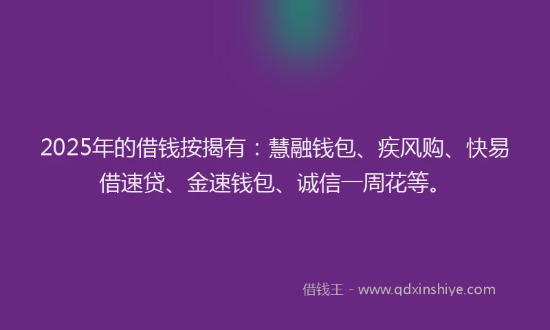 2025年的借钱按揭有：慧融钱包、疾风购、快易借速贷、金速钱包、诚信一周花等。