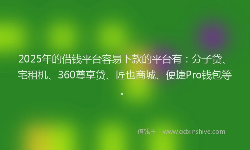2025年的借钱平台容易下款的平台有：分子贷、宅租机、360尊享贷、匠也商城、便捷Pro钱包等。