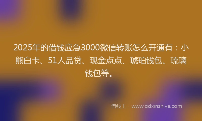 2025年的借钱应急3000微信转账怎么开通有：小熊白卡、51人品贷、现金点点、琥珀钱包、琉璃钱包等。