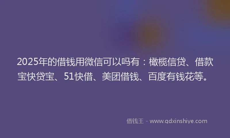 2025年的借钱用微信可以吗有：橄榄信贷、借款宝快贷宝、51快借、美团借钱、百度有钱花等。