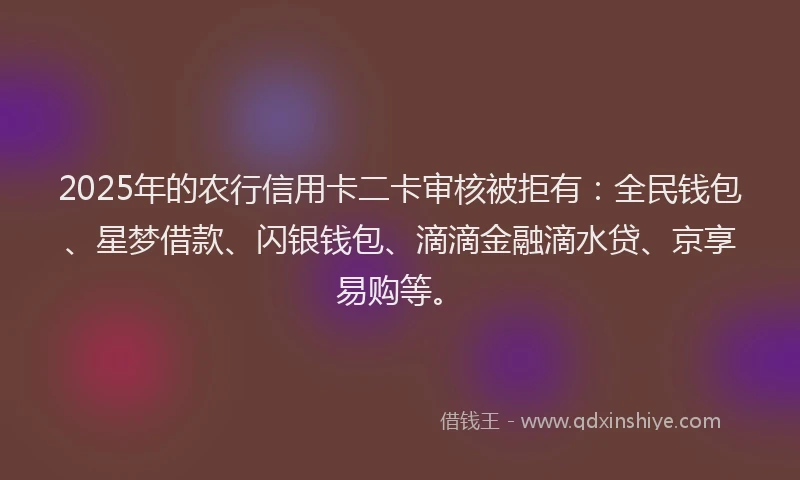 2025年的农行信用卡二卡审核被拒有：全民钱包、星梦借款、闪银钱包、滴滴金融滴水贷、京享易购等。