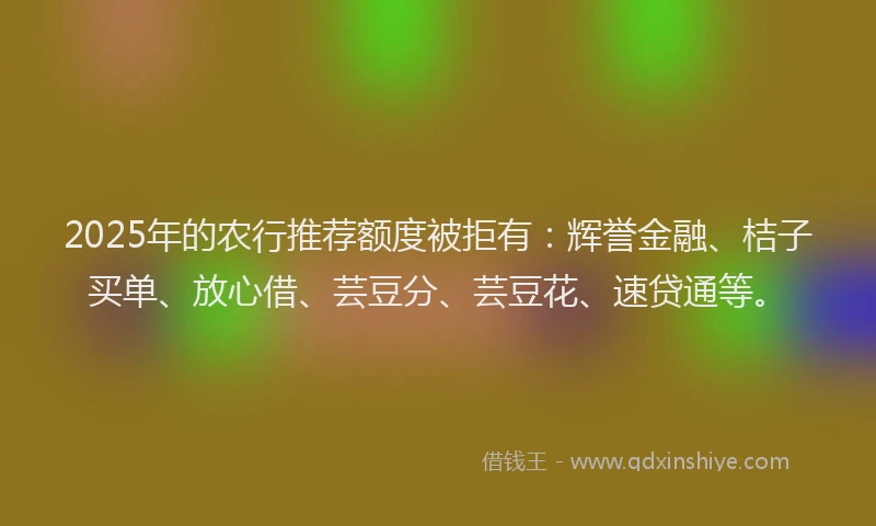 2025年的农行推荐额度被拒有：辉誉金融、桔子买单、放心借、芸豆分、芸豆花、速贷通等。